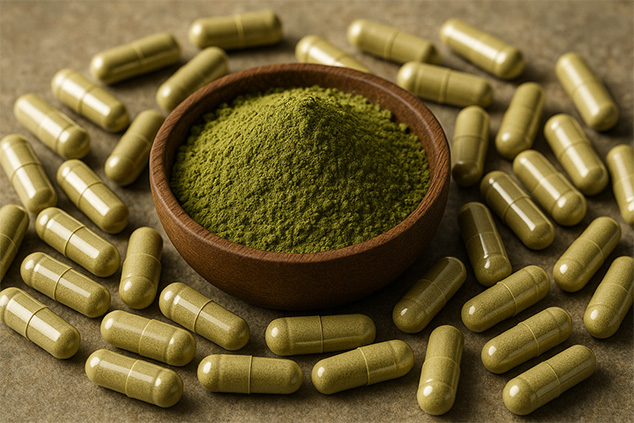 Bowl of Kratom Powder and Capsules