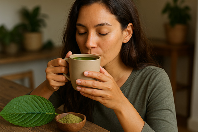 Woman Drinking Kratom Tea and Masking Kratom Taste