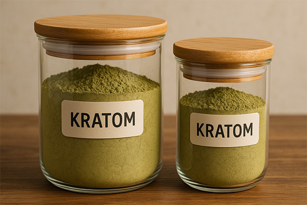 Airtight containers with bamboo lids storing kratom for maximum freshness and potency