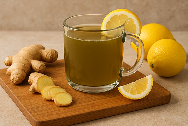 A mug of freshly brewed kratom tea with a lemon slice, alongside lemons and ginger on a wooden cutting board