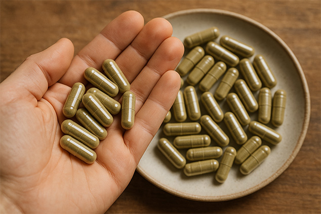 A hand holds several capsules filled with kratom powder, with more capsules visible on a plate